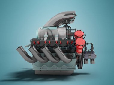 Araba motoru sol gri gölgeli mavi bir arka plan üzerinde 3d render