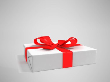 Hediye orta beyaz kağıt bir gölge ile gri bir arka plan üzerinde kırmızı kurdele perspektif 3d render ile