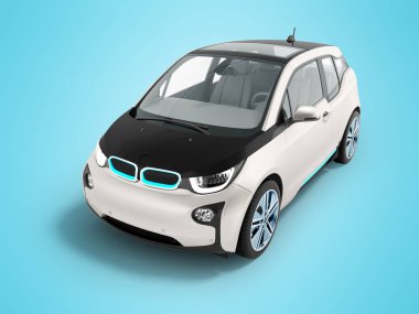 Şehir için modern elektrikli otomobil ön 3d render gölge ile mavi arka plan üzerinde