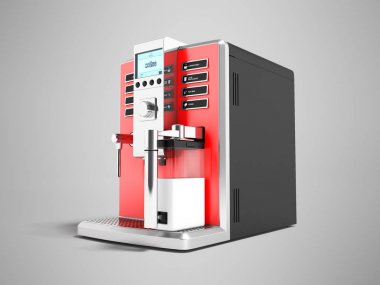 Modern çok fonksiyonlu kahve makinesi ile süt doğru 3d kırmızı 3d render gölge ile gri arka plan üzerinde