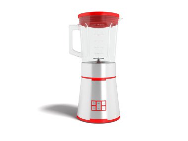 Modern metal blender kase cam ile kırmızı ekler önünde 3d render gölge beyaz zemin üzerine