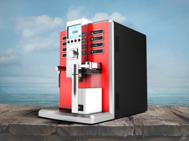 Süt alttan kırmızı modern çok fonksiyonlu kahve makinesiyle tam 3d render gölge bir deniz zemin üzerine