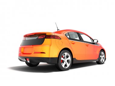 Modern elektrikli otomobil sedan sarı arkasında perspektif 3d render gölge beyaz zemin üzerine kırmızı