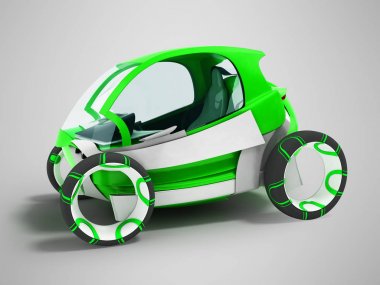 Modern elektrikli araba cep telefonlarına hatchback dvuesny yeşil gölge ile gri arka plan üzerinde şehir 3d render etrafında seyahat için
