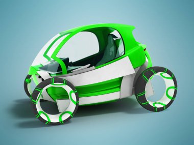 Modern elektrikli araba cep telefonlarına hatchback dvuesny şehir 3d render etrafında seyahatlerinizde gölge ile mavi arka plan için yeşil