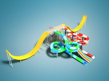 Sahilde ya da havuz iki roller coaster yaylar ve üç düz lunapark treni perspektif 3d render gölge ile mavi arka plan üzerinde su sürmek