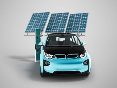 Şehir açık gölge ile gri arka plan üzerinde 3d render için elektrikli otomobil ile güneş panelleri şarj Modern kavram