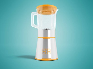 Denetim 3d render gölge ile mavi arka plan üzerinde çok işlevli butonlar ile modern elektrikli blender ile cam metal bardak portakal ile ekler