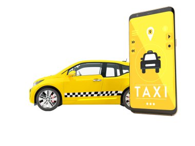 Modern bir elektrikli araba ile bir akıllı telefon yolu ile bir telefon kullanma sarı bir 3d render gölge yok beyaz arka plan üzerinde arama taksi kavramı