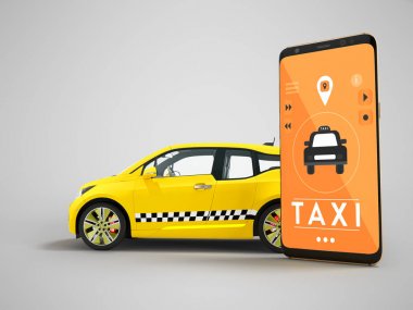 Modern taksi gölgeli gri arka plan üzerinde bir elektrikli araba bir mobil uygulaması turuncu 3d render ile bir akıllı telefon ile arama kavramı