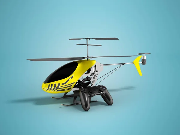 Concept modern helicopter on control panel yellow 3d render on blue background with shadow