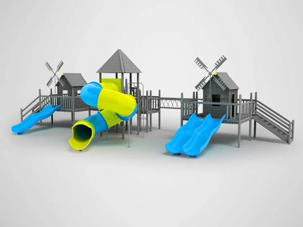 Modern Playground Children Black White Two Blue Slides Yellow Insert — Stock Photo, Image