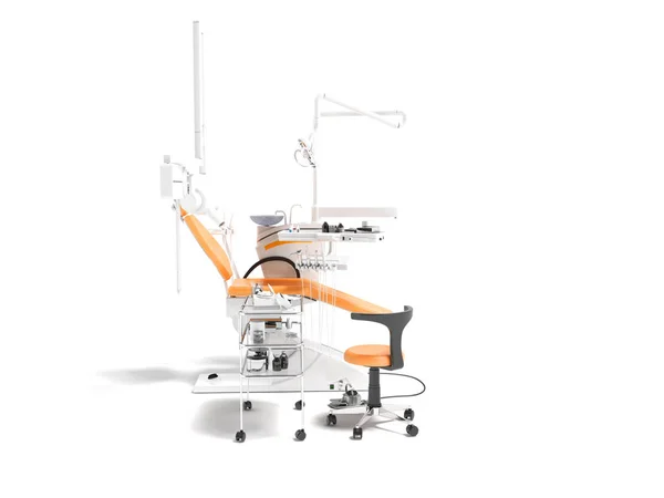アームチェアと影と白い背景上でツール レンダリングとベッドサイド テーブル オレンジ歯科医のための歯科用機器 — ストック写真