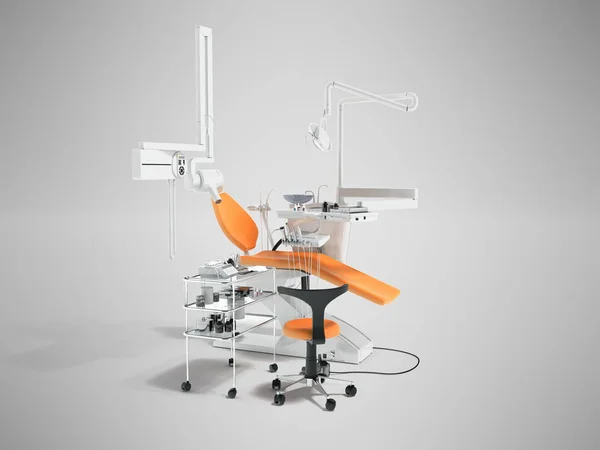 Dental equipment for dentist orange left perspective with chair and bedside table with tools 3d render on gray background with shadow