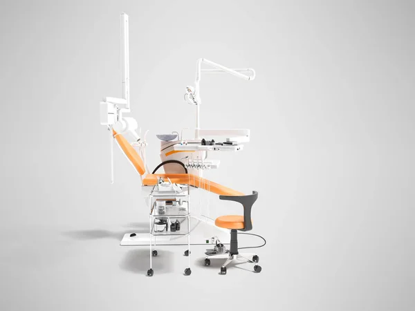 アームチェアとシャドウと灰色の背景に のレンダリングをツール付きベッドサイド テーブル オレンジ歯科医のための歯科用機器 — ストック写真