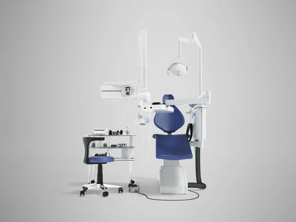 シャドウと灰色の背景上で のレンダリング ツールの青い肘掛け椅子とベッドサイド テーブルの前の歯科医の歯科用機器 — ストック写真