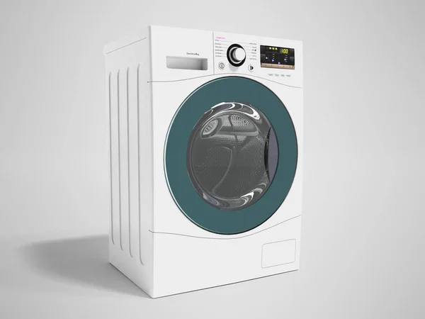 Moderní Multifunkční Elektrická Pračka Bílé Modrým Lemem Vykreslování Šedém Pozadí — Stock fotografie