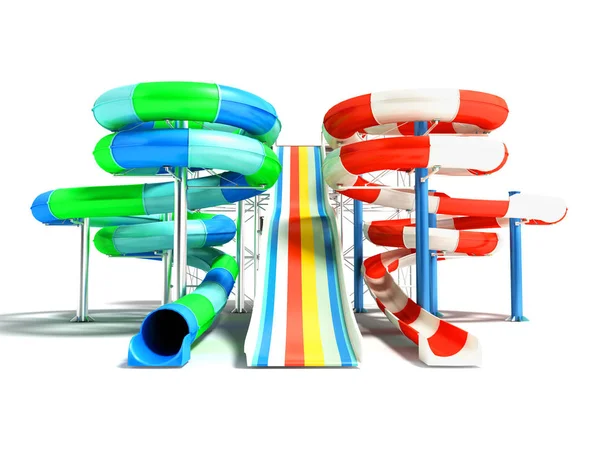 Su cazibe ile plaj veya havuzu iki roller coaster yaylar ve düz slayt 3d render gölge beyaz zemin üzerine