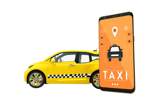 Nowoczesna Koncepcja Taxi Wywołanie Samochód Elektryczny Smartfonem Pośrednictwem Aplikacji Mobilnej — Zdjęcie stockowe