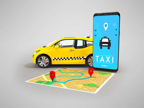 Moderna Begreppet Taxi Ringer Elbil Med Smartphone Mobila Blå Med — Stockfoto