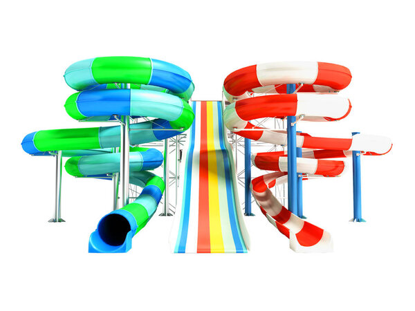 Water attractions on the beach or in the pool two roller coaster springs and a straight slide 3d render on white background no shadow