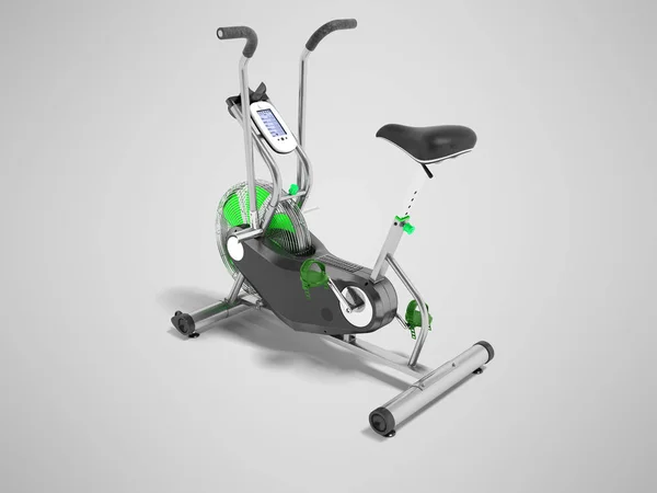 Exercise bike green metallic with green insets perspective 3d render on gray background with shadow — Stock Photo, Image