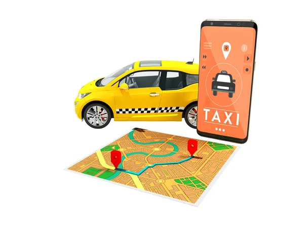 Taxi elektriska gul med ett samtal på smartphonen med en karta rutt karta 3d render på vit bakgrund ingen skugga — Stockfoto