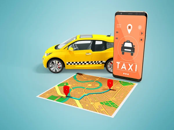 Taxi elektriska gul med ett samtal på din smartphone med en karta rutt karta 3d render på blå bakgrund med skugga — Stockfoto