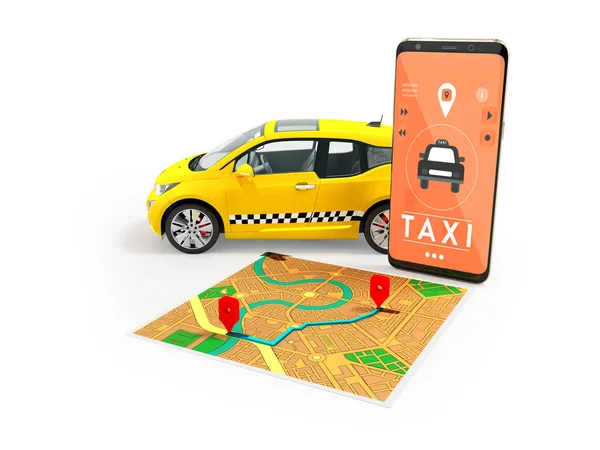 Elektrické žluté taxi s výzvou na smartphone s ro mapa — Stock fotografie