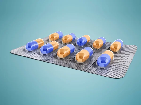 Cápsulas en un plato de diez piezas 3d renderizar sobre un fondo azul — Foto de Stock