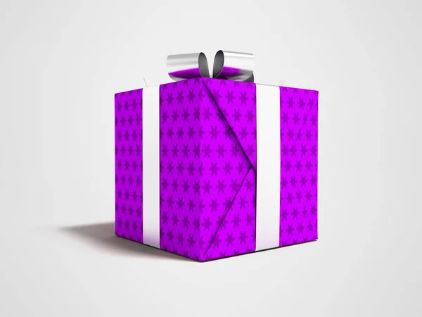 Presente médio envolto em papel violeta com laço branco e fitas f — Fotografia de Stock