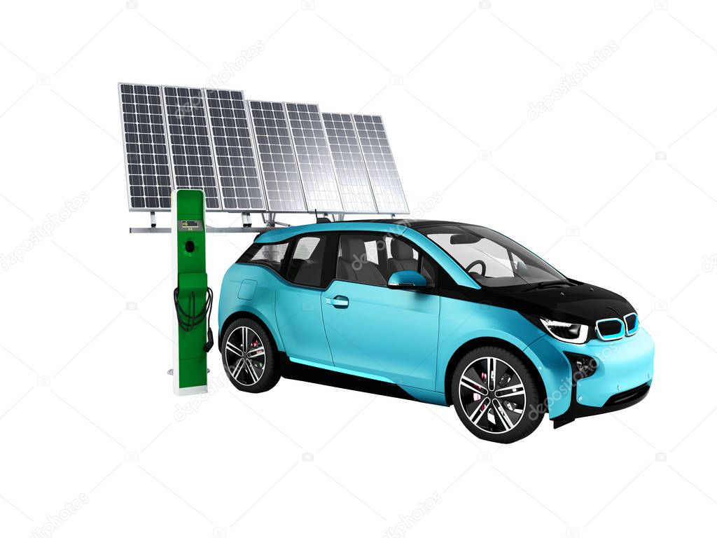 Modern concept of charging an electric car solar battery 3d rendering on a white background no shadow