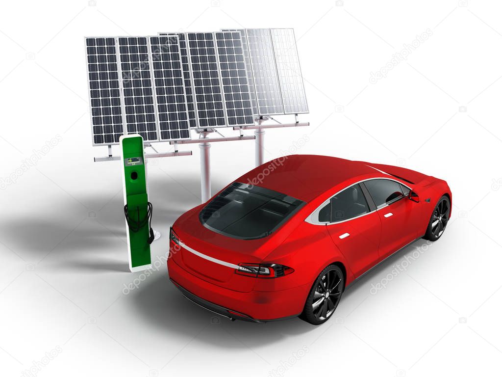 Modern refueling electric car with red solar panels perspective on white background with shadow