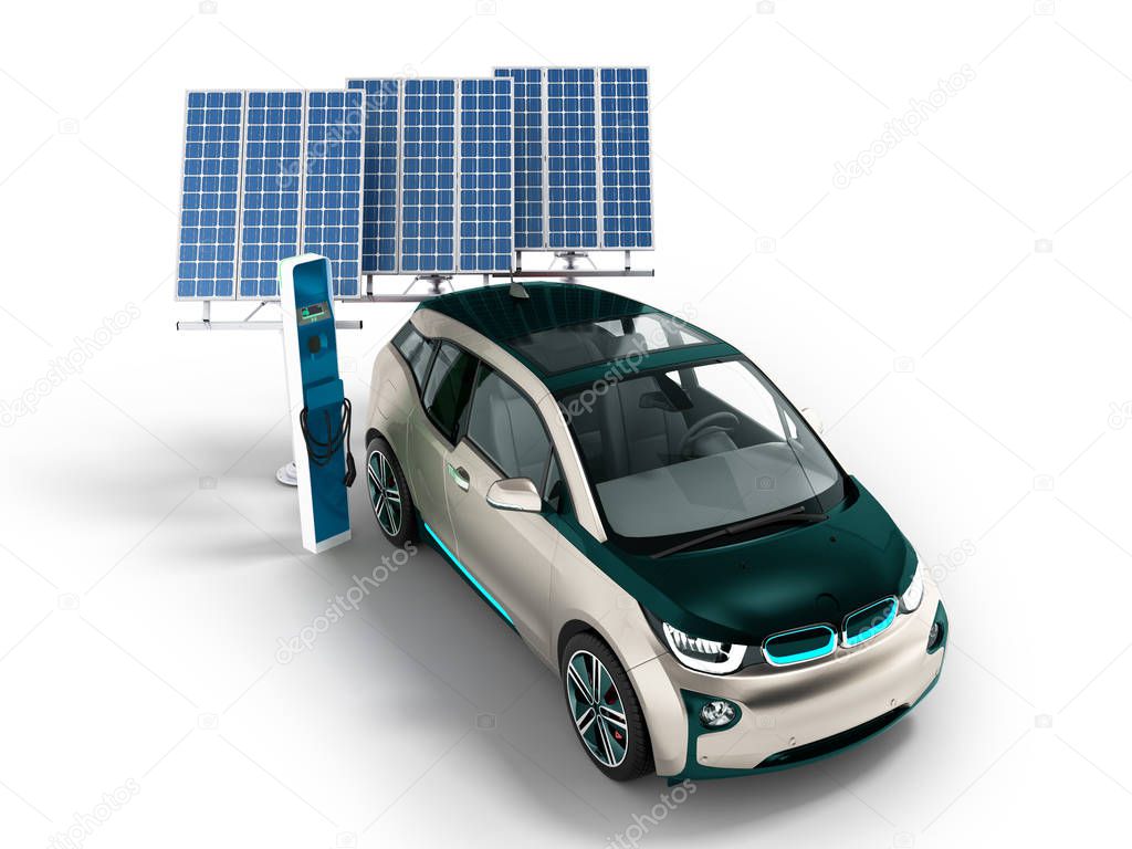Modern refueling over a network of electric car blue solar panels for refueling 3D render on a white background with a shadow