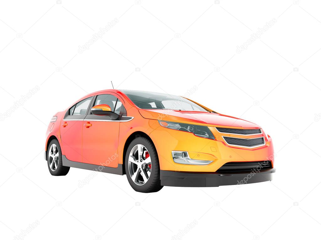 Modern electric car mix red orange front bottom perspective 3d rendering on white background no shadow