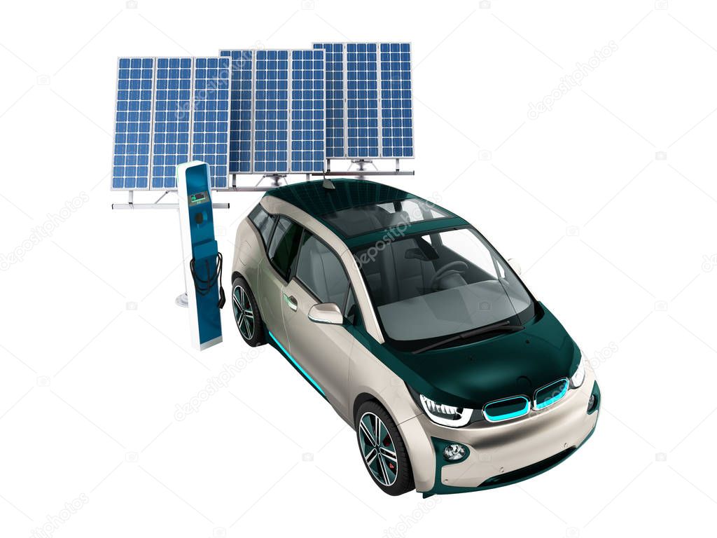Modern refueling over a network of electric car blue solar panels for refueling 3D render on a white background no shadow