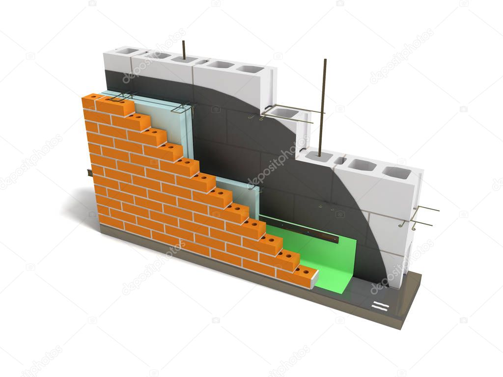 Modern layout of the construction of warm walls with stone and bricks with the rendering of 3D render on a white background with a shadow