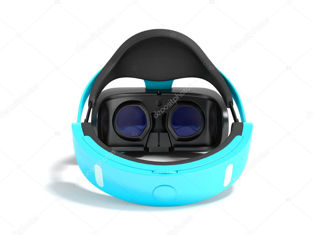 Modern virtual reality glasses for computer games blue 3d rendering on white background with shadow