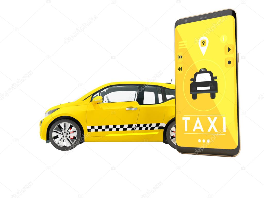 Modern concept of taxi calling an electric car with a smartphone via a mobile application of a yellow 3d render on white background no shadow