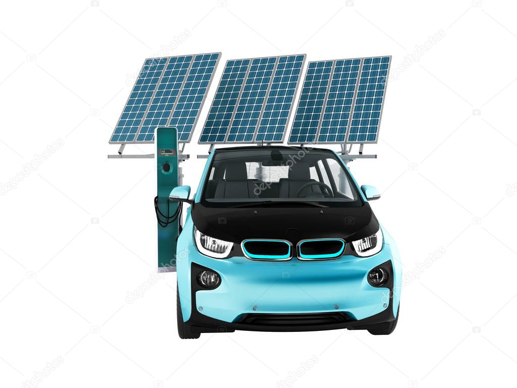 Modern concept of charging solar panels with electric car for city front 3d rendering on white background  no shadow