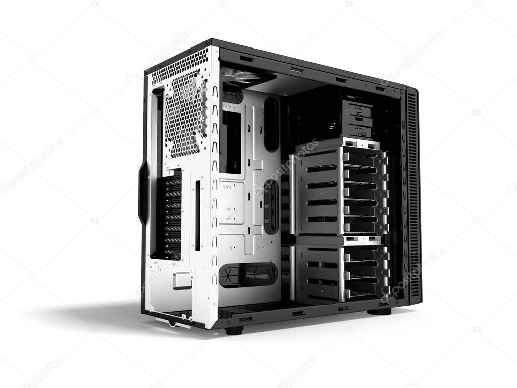 System unit of a personal computer black metal empty 3d render on white background with shadow