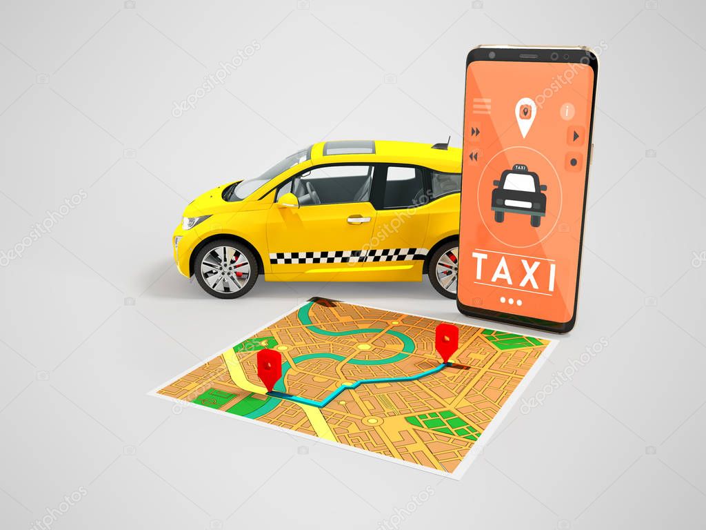 Taxi electric yellow with a call on the smartphone with a map ro