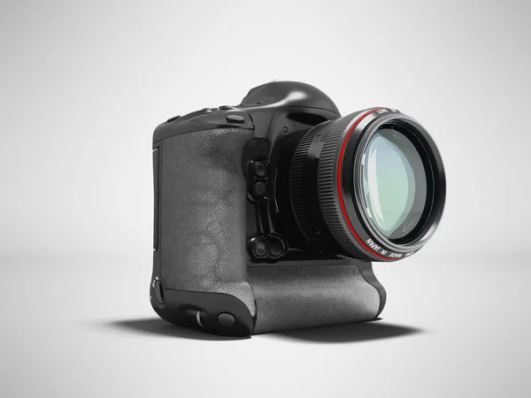 Moderna fotocamera professionale per riprese professionali con un nero afferrando rendering 3d nero su sfondo grigio con ombra — Foto Stock