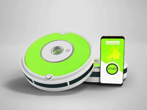 Modern vacuum cleaner robot gray with green inserts with control