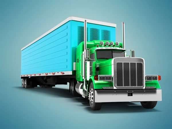 Groen met blauw aanhangwagen 3d render op blauwe achtergrond met vrachtwagen — Stockfoto