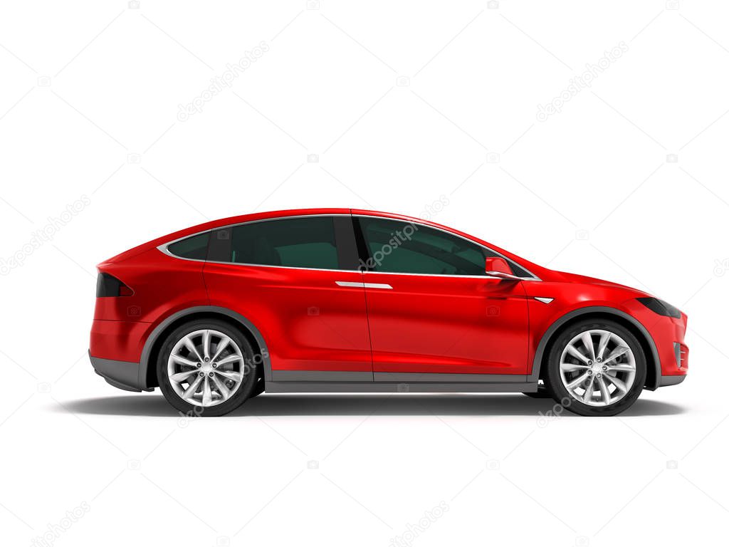 Modern red electric car minivan on side 3d render on white backg