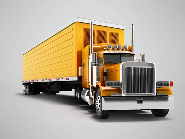 Vrachtwagen met oranje aanhangwagen 3d render op grijs oranje achtergrond wi — Stockfoto