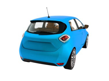 Modern elektrikli otomobil hatchback geziler için kahverengi iç mavi beyaz arka plan üzerinde 3d render arkasında gölge yok