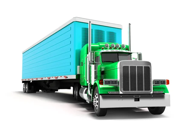 Caminhão Verde Com Reboque Azul Renderização Fundo Branco Com Sombra — Fotografia de Stock