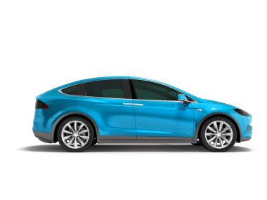 Modern mavi elektrikli araba minibüs yan 3d render gölge beyaz zemin üzerine üzerinde